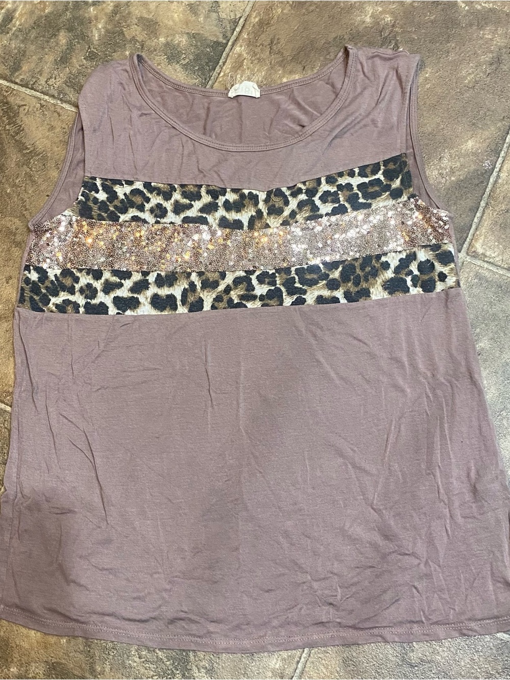 BiBi Mauve Sleeveless Top with Leopard Panels and Rose Gold Sequin Stripe